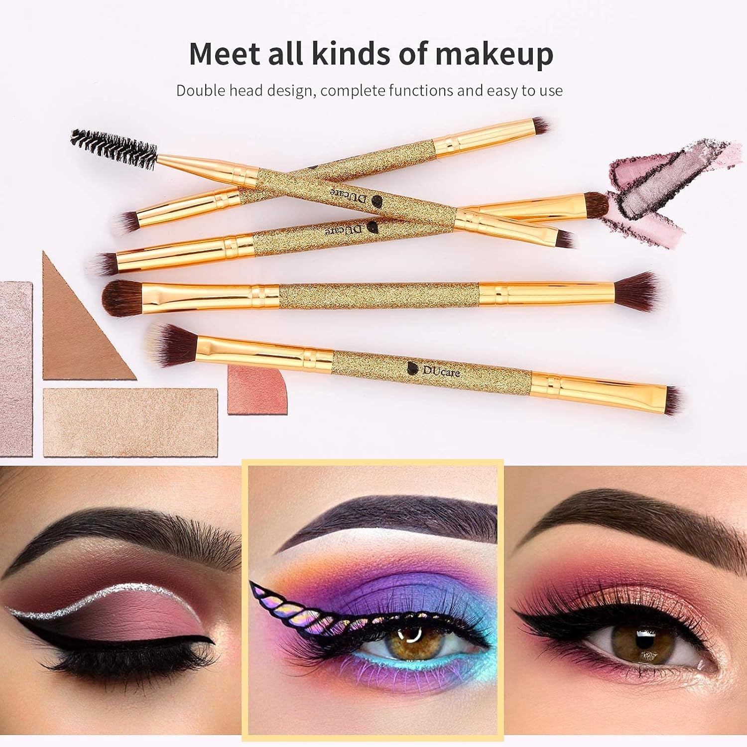Flat Top Kabuki Foundation Brush + 5Pcs Eyeshadow Brush Set Duo End Eye Makeup Brushes Golden Glitter