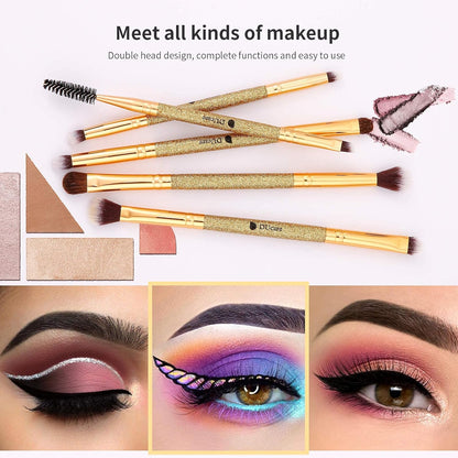 Flat Top Kabuki Foundation Brush + 5Pcs Eyeshadow Brush Set Duo End Eye Makeup Brushes Golden Glitter